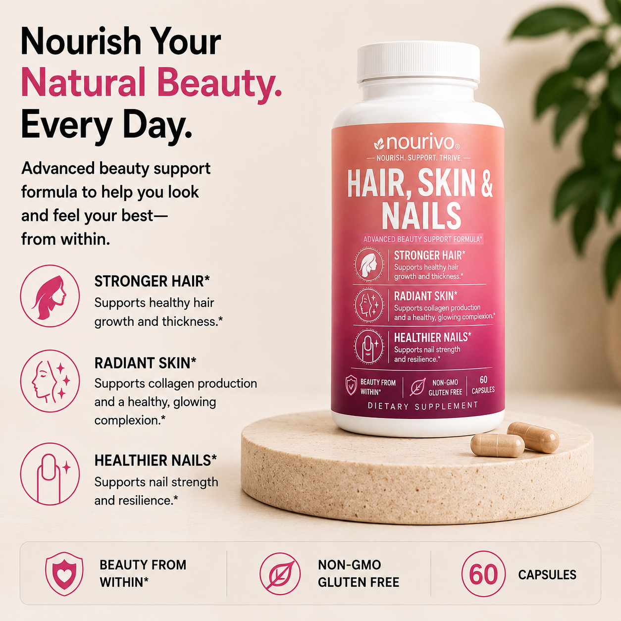 Hair, Skin & Nails Advanced Beauty Support, Collagen Health & Radiant Glow Formula