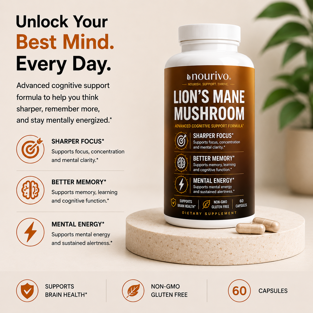 Lion’s Mane Mushroom Advanced Cognitive Support, Focus & Mental Clarity Formula